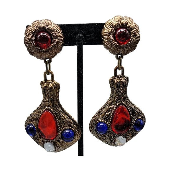 Vintage 1960s 70s Boho Clip On Earrings Red Blue White Cabochon Gold Tone Dangle - Picture 2 of 13